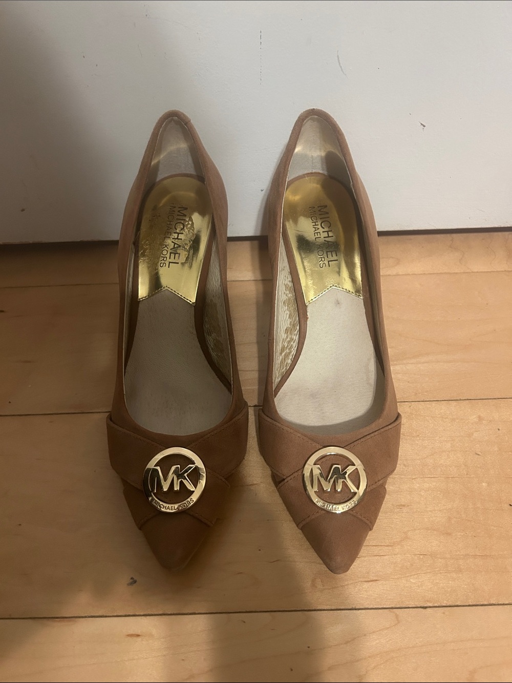 Michael Kors Tan Suede Pointed-Toe Heels with Gold MK Logo